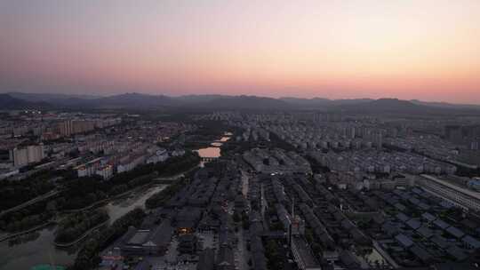 城市日落晚霞夕阳西下航拍