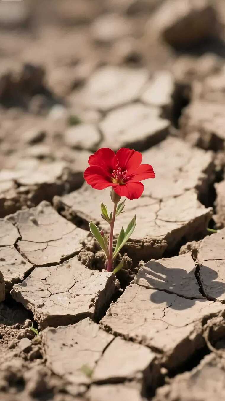 干旱土地上绽放的红色花朵