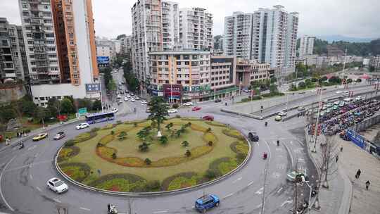 城市道路环岛都市风景转盘车辆汽车延时