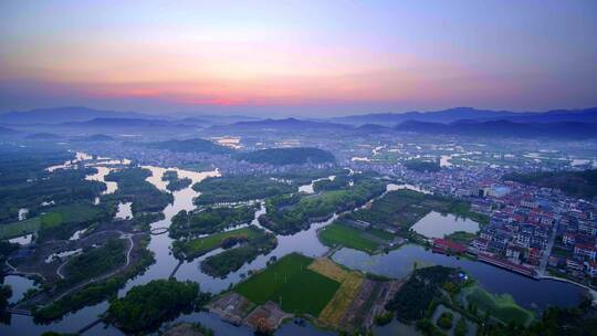 航拍夕阳下诸暨著名景点白塔湖国家湿地公园