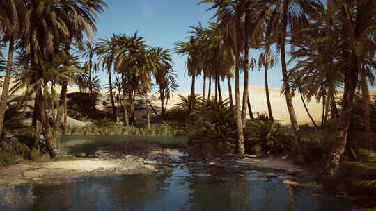 沙漠绿洲的池塘和棕榈树