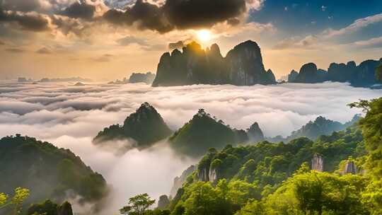 阳光照耀下的云海山峦风景