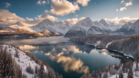 雪山森林湖泊全景风光