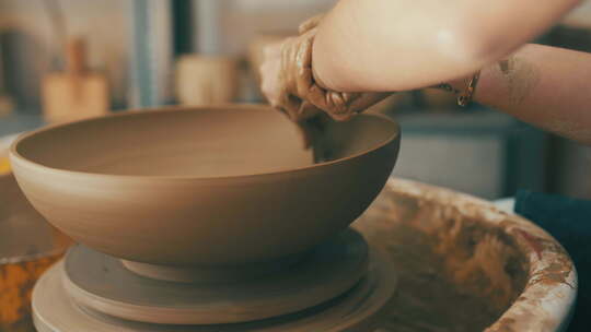 人、手和粘土在陶器旋转台上，用于碗、花瓶