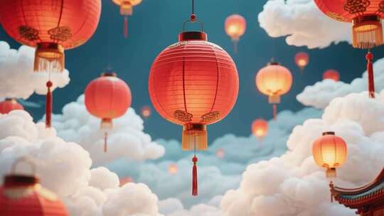 云端悬挂的中式红灯笼