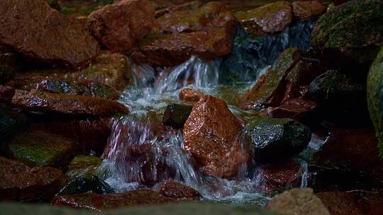 森林里石头上的小溪泉水特写