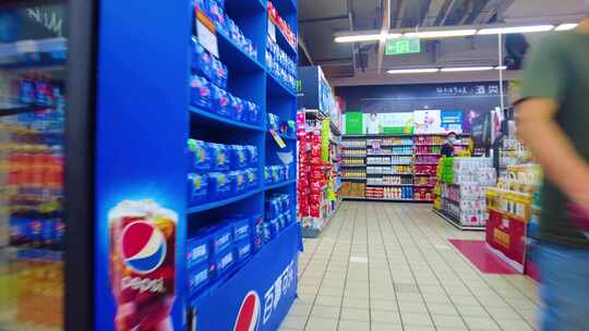超市摆放的零食饮料商品展示空镜头视频素材模板下载