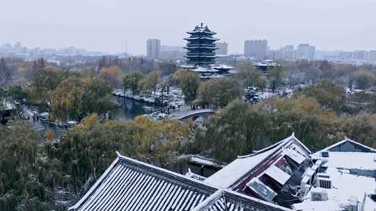 济南大明湖航拍 大明湖雪景 雪 济南的冬天视频素材模板下载