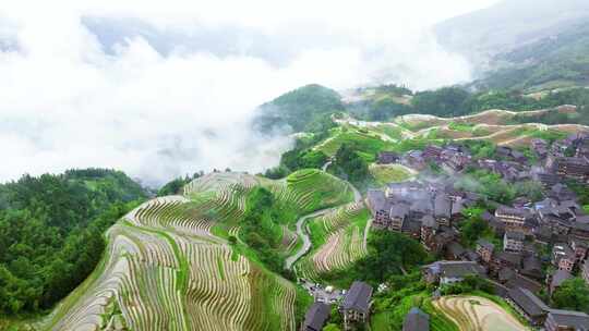 航拍广西桂林龙脊梯田高山云海壮丽风景