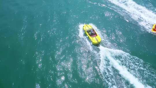 海南三亚高视角航拍水上空中飞人摩托艇