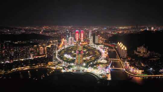 城市繁华夜景 大连星海湾夜景航拍