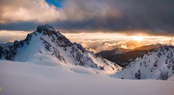 雪山云雾森林阳光树林远山峰大自然生态风景