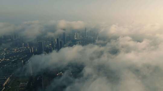 城市大气航拍云海背景沈阳地标建筑立冬雨后