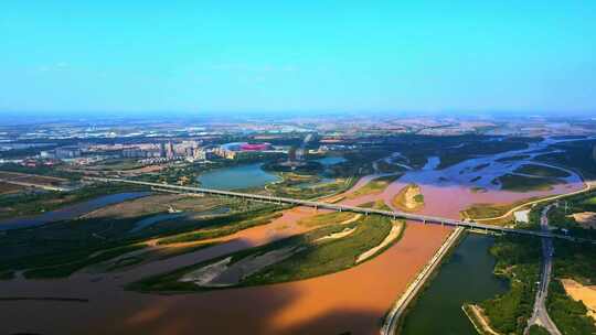 黄河平原航拍-生态建设大桥河流湿地城市-1视频素材模板下载