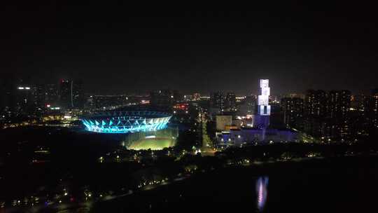 广东佛山城市地标建筑夜景灯光航拍