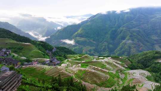 航拍广西桂林龙脊梯田高山云海壮丽风景