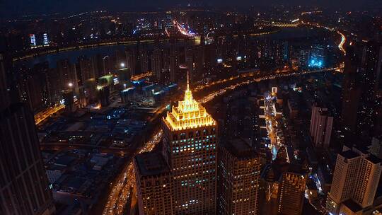 中国辽宁沈阳城市夜景航拍青年大街皇朝万鑫