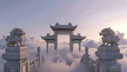 矗立在云层之上的仙宫门庭和石狮子视频素材模板下载