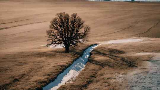 冬天草原上的一棵树航拍