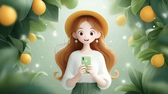 卡通女孩在柠檬树下使用手机