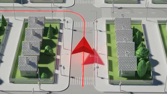 GPS导航3D城市地图。红色箭头沿着路径