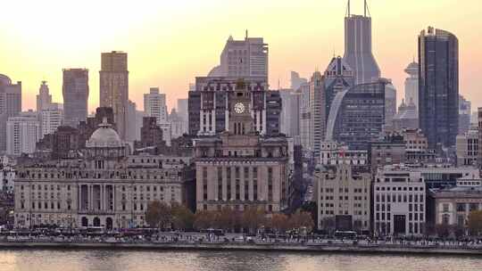上海外滩建筑群城市风光日落航拍