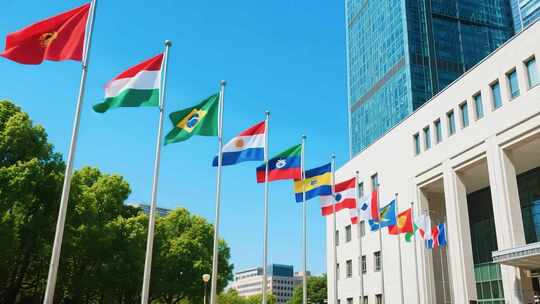 合国旗帜建筑内部会议场景