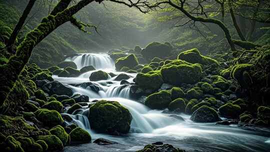 森林溪流青苔岩石幽静自然风光秘境