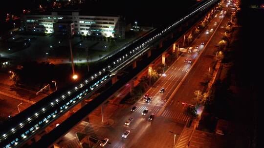 青岛城市夜景地铁道路航拍2