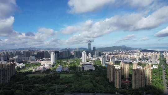 浙江台州城市天际线蓝天白云航拍