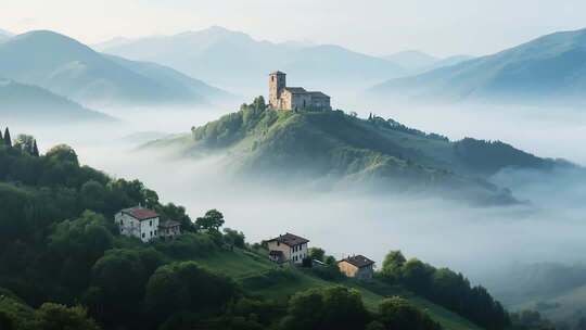 山间城堡云雾环绕风景