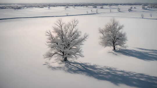 冬天平原上的树和积雪航拍