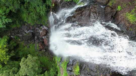 来自雨林溪流的水冲过陡峭的岩石悬崖，形成