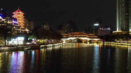 成都安顺廊桥酒吧一条街夜景航拍