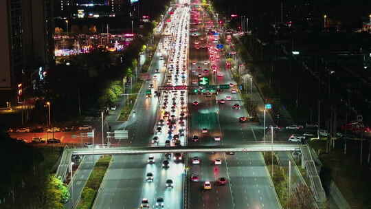 中国辽宁沈阳浑南区浑南西路夜景航拍