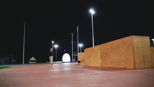 女人在体育场夜跑视频素材模板下载