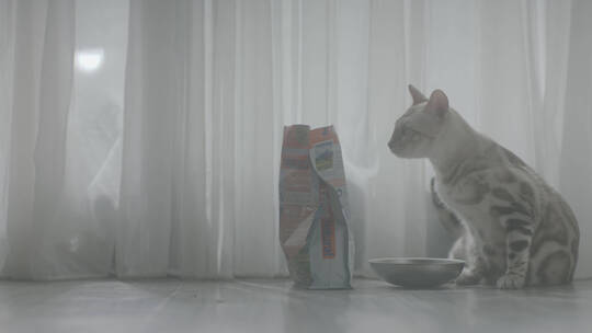 猫咪趴在猫粮旁边