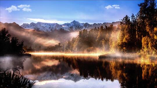 雾蒙蒙的日出湖山脉