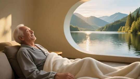 老人窗边惬意休憩