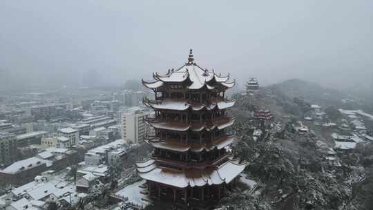 武汉武昌区黄鹤楼雪景航拍