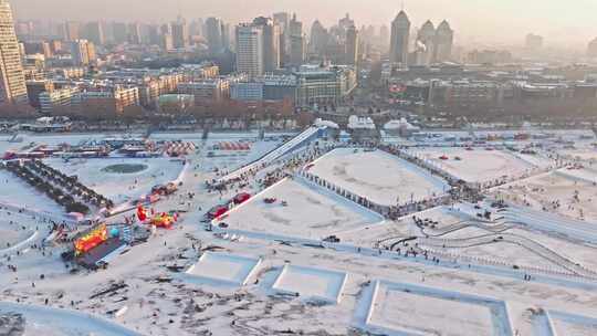 哈尔滨松花江上冬季冰雪嘉年华航拍