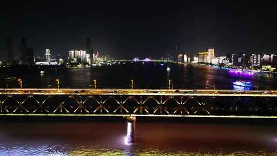 湖北武汉夜景武汉长江大桥夜景航拍