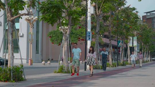 小城市视频夏天小镇树荫下行走的路人行人