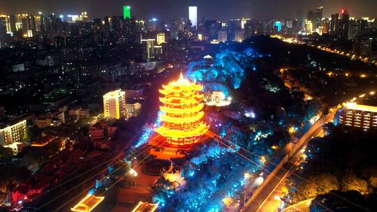 航拍武汉黄鹤楼夜景旋转延时