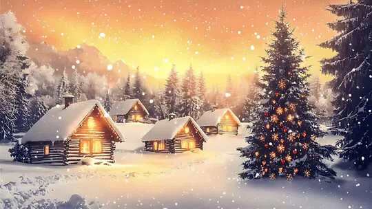 雪地木屋旁装饰的圣诞树场景