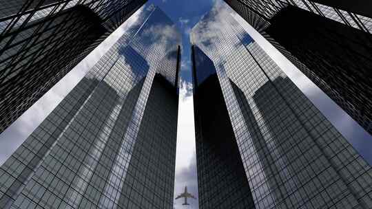 飞机飞过摩天大厦的天空