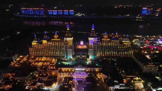 西双版纳景洪市湄公河酒店航拍夜景风光