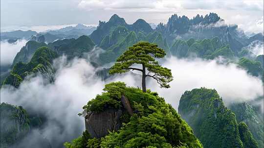 黄山迎客松日出云海风景黄山航拍宣传片ai