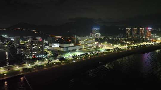 珠海博物馆夜景航拍珠海规划展览馆夜晚风光