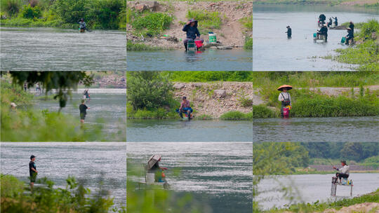 乡村溪畔悠闲垂钓的钓鱼佬合集高清在线视频素材下载